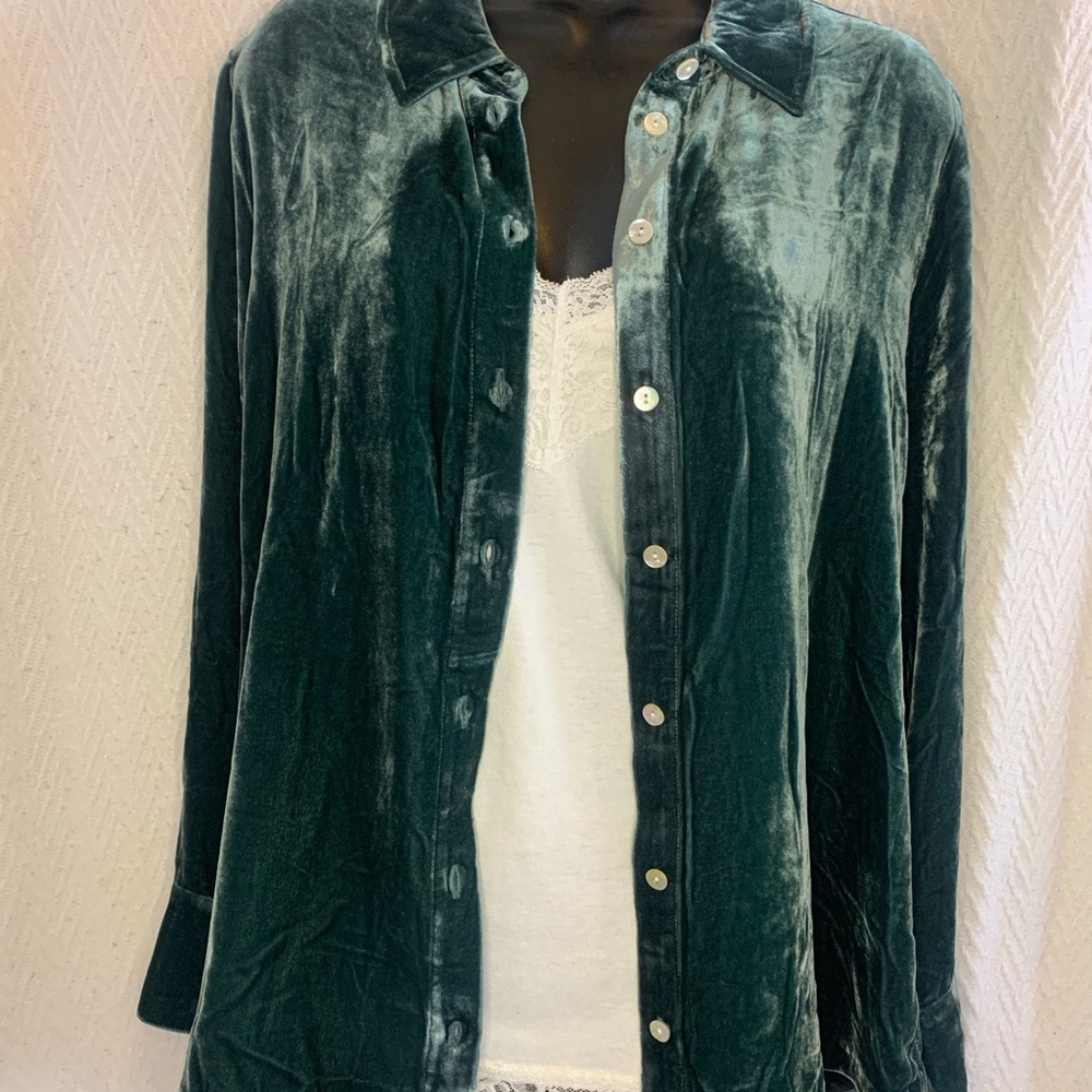 Silky Velvet Mother Of Pearl Button Down Shirt in Sea Green
